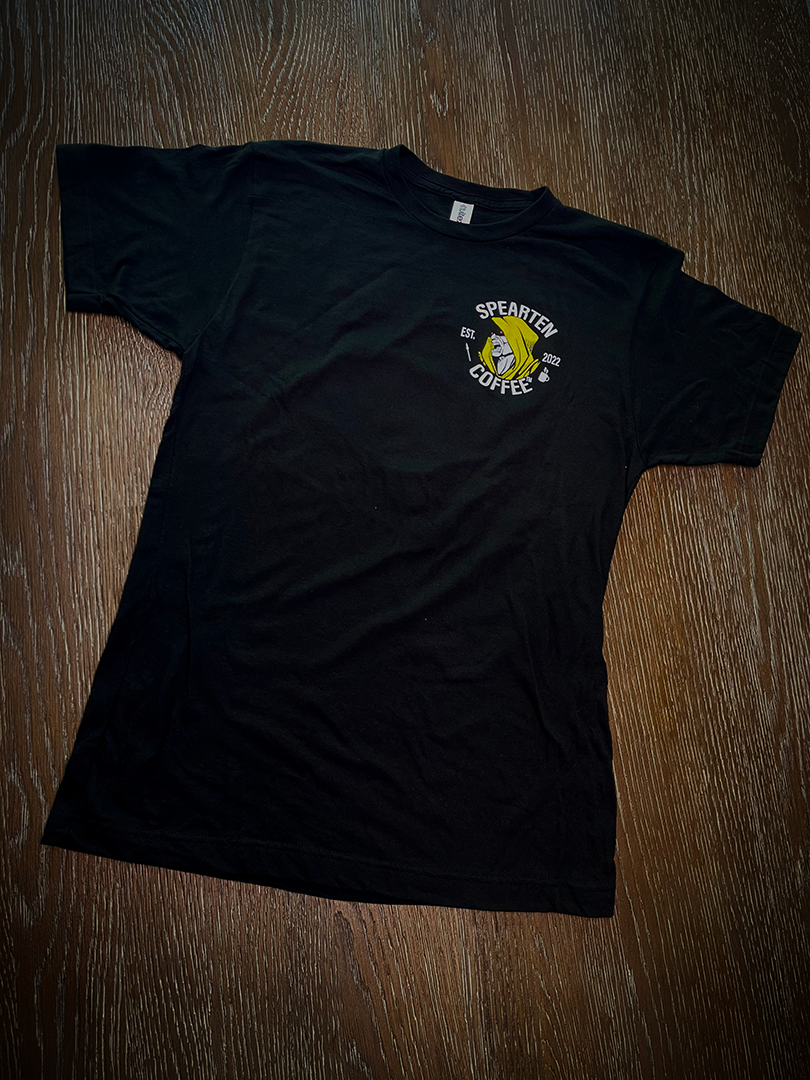 comfy, flexible workout shirt, spearten coffee, warrior shirt, coffee weapon, fighter shirt, comfy shirt, drink coffee throw spears. front