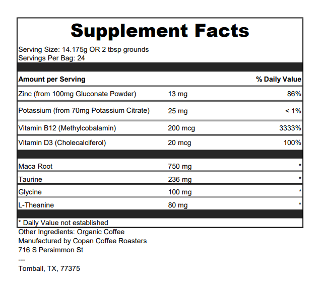 Supplement Infused Coffee, Healthy Coffee, Vitamin Coffee, Vitamins and Minerals, Texan, Cowboy, Zinc, Taurine, Maca Root, Coffee Infusion