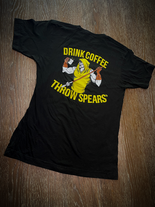 comfy, flexible workout shirt, spearten coffee, warrior shirt, coffee weapon, fighter shirt, comfy shirt, drink coffee throw spears. back two side shirt
