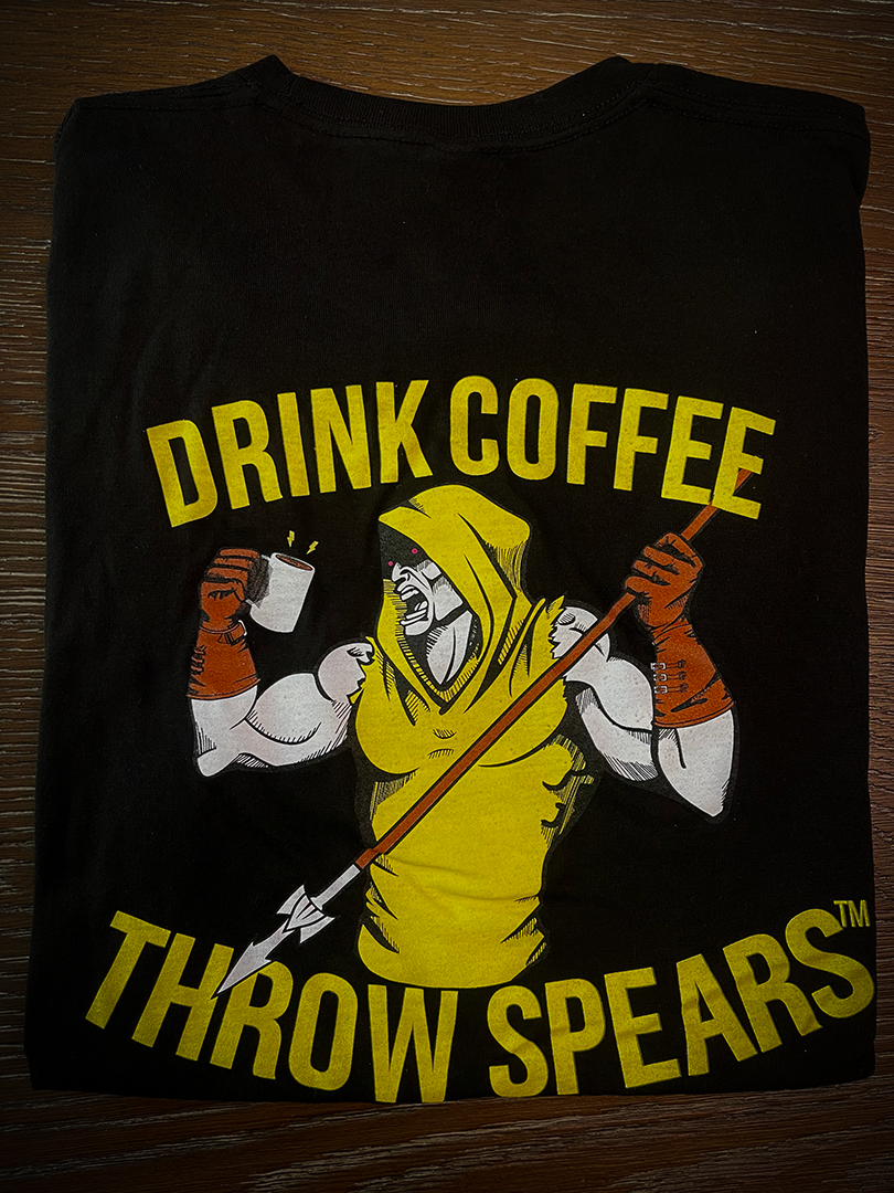 comfy, flexible workout shirt, spearten coffee, warrior shirt, coffee weapon, fighter shirt, comfy shirt, drink coffee throw spears. folded back