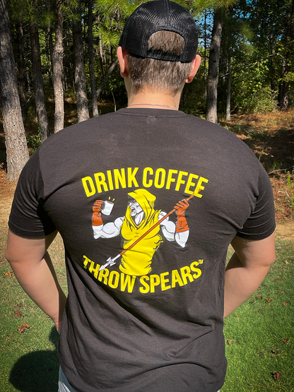 comfy, flexible workout shirt, spearten coffee, warrior shirt, coffee weapon, fighter shirt, comfy shirt, drink coffee throw spears. back being worn