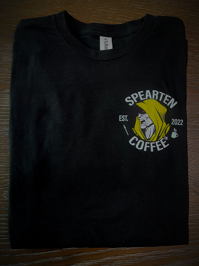 comfy, flexible workout shirt, spearten coffee, warrior shirt, coffee weapon, fighter shirt, comfy shirt, drink coffee throw spears front folded